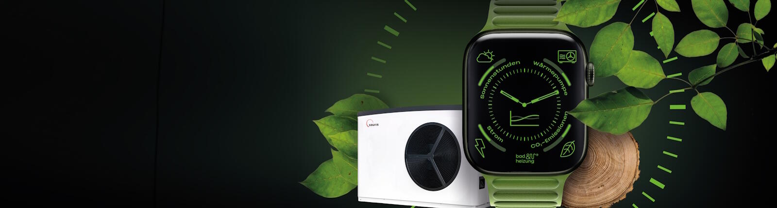 Collage Wärmepumpe, SmartWatch, Holz, grüne Blätter